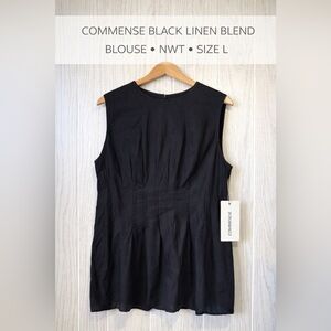 Commense Black Linen Blend Sleeveless Pintuck Blouse NWT Size L